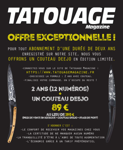 Abonnement Tatouage Magazine 2 ans – 12 numéros + 1 couteau Deejo